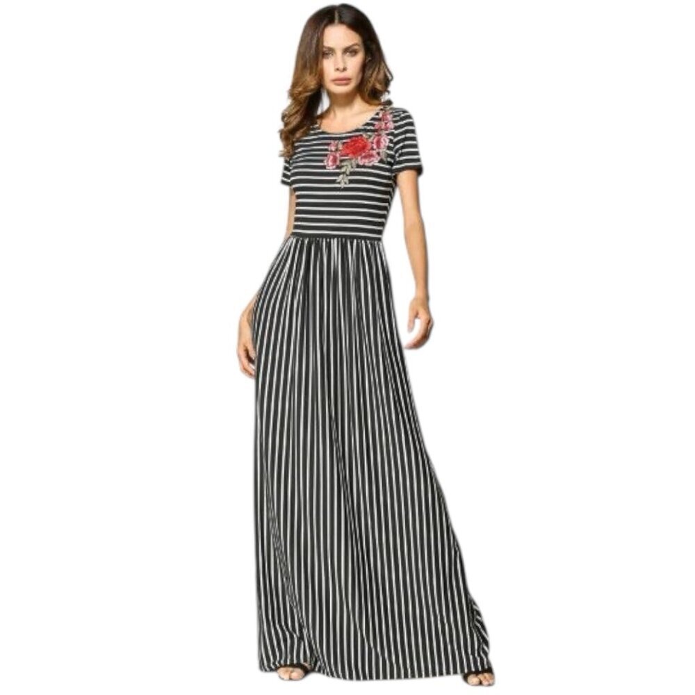 Yi Heng Mei Size Large Embroidered Floral Black White Stripe Long Maxi Dress - Picture 6 of 10